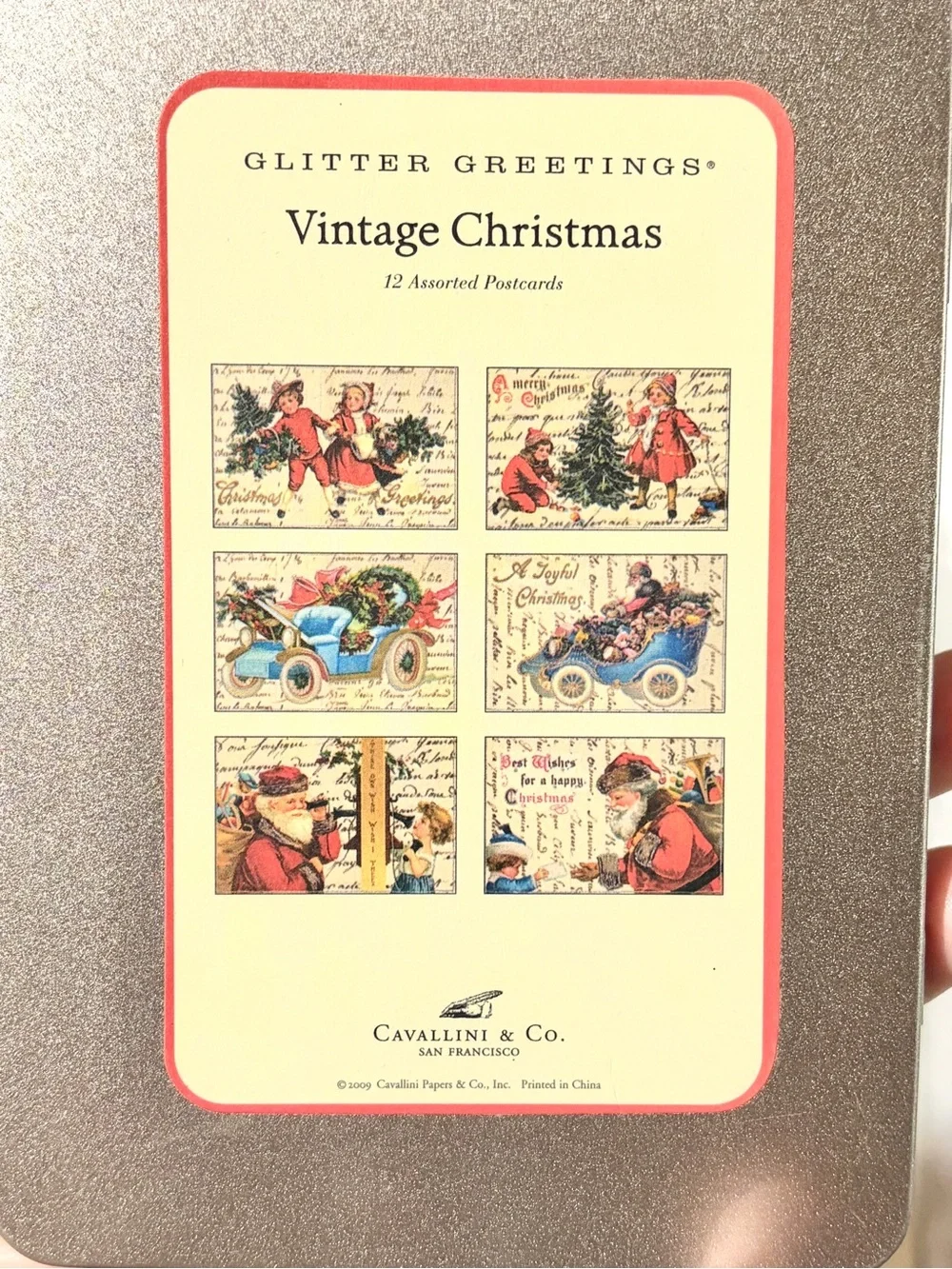 Cavallini 5 Cards & Vintage Theme Christmas Glitter Tin & Holiday Post Card Set